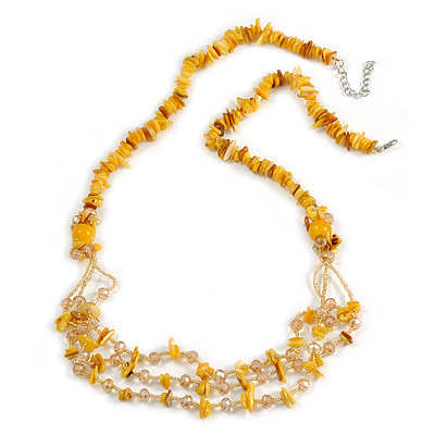Long Stylish Shell and Glass Bead with Crystal Ring Necklace In Silver Tone (Mustard Yellow/ Light Citrine) - 84cm L/ 5cm Ext - main view