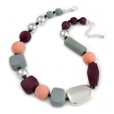 Statement Geometric Resin Bead Necklace In Silver Tone (Grey, Purple, Pink, Silver) - 50cm L/ 6cm Ext - main view