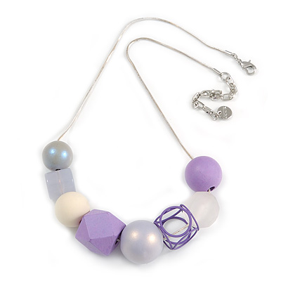 Cluster Wood and Acrylic Bead with Light Silver Tone Chain Necklace (Grey, Lavener) - 43cm L/ 6cm Ext