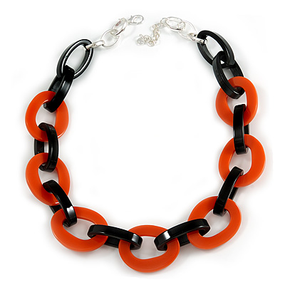 Statement Chunky Oval Link Acrylic Necklace (Black/ Orange) in Silver Tone - 63cm L/ 5cm Ext - main view
