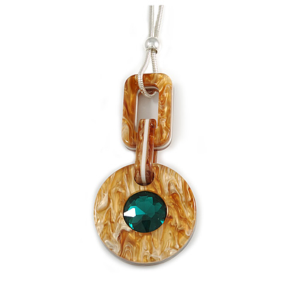 Oversized Brown Round Resin Pendant with Green Crystal on Light Silver Thick Chain - 88cm L/ 5cm L - main view