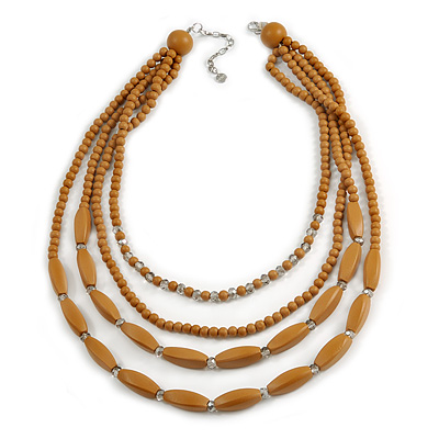 Light Brown Mulstistrand Layered Wood and Glass Bead Necklace - 80cm L/ 7cm Ext - main view