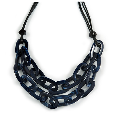 Trendy Dark Blue with Marble Effect Acrylic Large Oval Link Black Cord Necklace - 60cm L/ 5cm Ext - main view