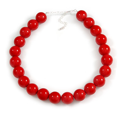 20mm Chunky Red Acrylic Bead Necklace in Silver Tone - 44cm L/ 9cm Ext - main view