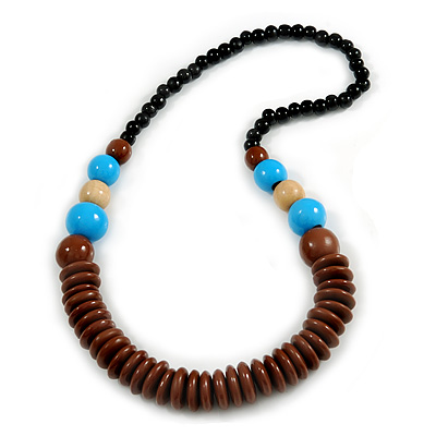 Chunky Ball and Button Wood Bead Necklace in Brown/ Light Blue/ Natural/ Black - 70cm Long - main view