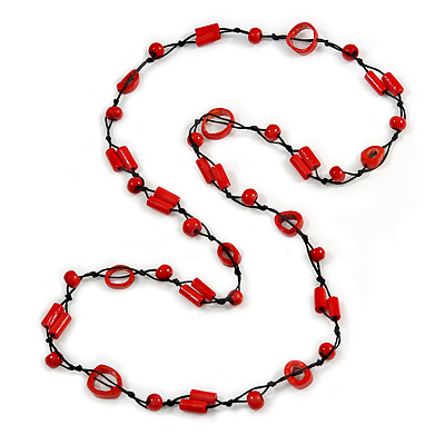 Long Red Wood, Bone Beaded Black Cord Necklace - 106cm L - main view