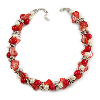 Exquisite Faux Pearl & Shell Composite Silver Tone Link Necklace In Peach Red/ White - 40cm L/ 5cm Ext - main view