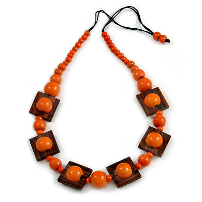 Chunky Square and Round Wood Bead Cotton Cord Necklace (Orange/ Brown) - 74cm L - main view