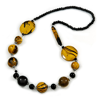 Stylish Animal Print Wooden Bead Necklace (Yellow/ Black) - 80cm Long