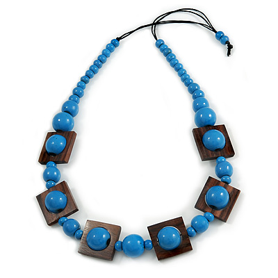 Chunky Square and Round Wood Bead Cotton Cord Necklace (Blue/ Brown) - 74cm L - main view