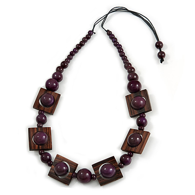 Chunky Square and Round Wood Bead Cotton Cord Necklace (Deep Purple/ Brown) - 74cm L - main view