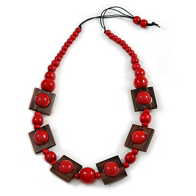 Chunky Square and Round Wood Bead Cotton Cord Necklace (Red/ Brown) - 74cm L - main view