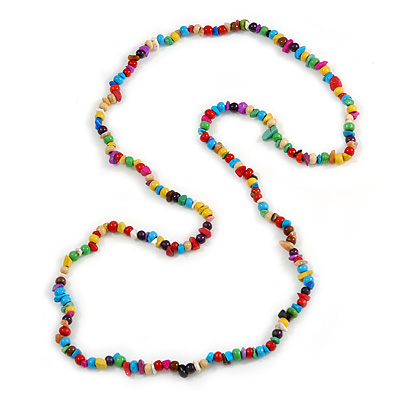 Multicoloured Wood and Semiprecious Stone Long Necklace - 96cm Long