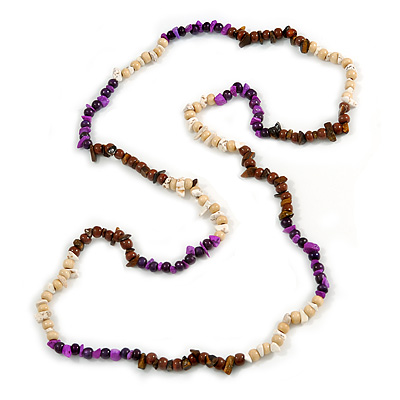 Purple/ Natural/ Brown Wood and Semiprecious Stone Long Necklace - 96cm Long - main view