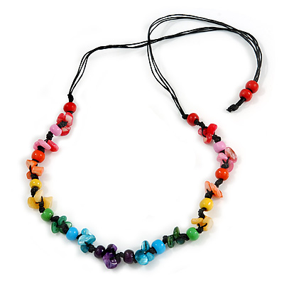Multicoloured Wood Bead and Sea Shell Nugget Black Cotton Cords Necklace - 72cm Long - main view
