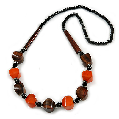 Chunky Orange/ Brown/ Black Wooden Bead Necklace - 80cm Long - main view