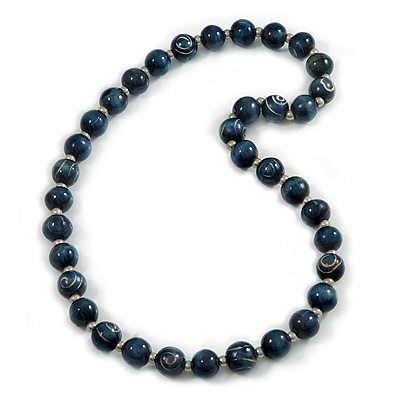 Long Chunky Dark Blue Wood Bead Necklace - 82cm L - main view