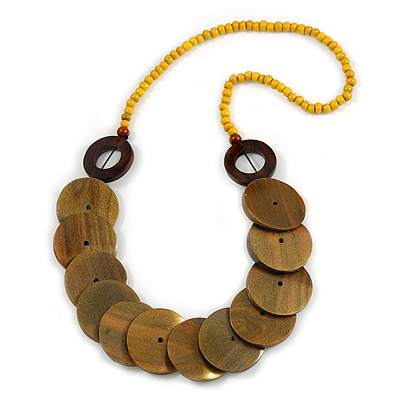 Yellow/ Brown Wood Button Bead Necklace - 80cm L - main view