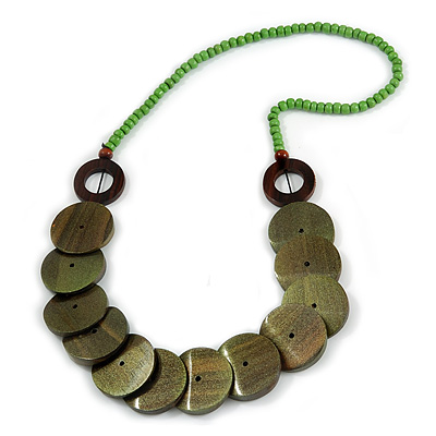 Grass Green/ Olive Green/ Brown Wood Button Bead Necklace - 80cm L - main view