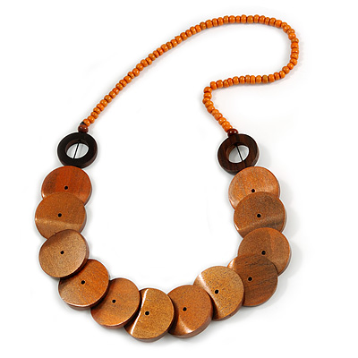 Orange/ Brown Wood Button Bead Necklace - 80cm L - main view