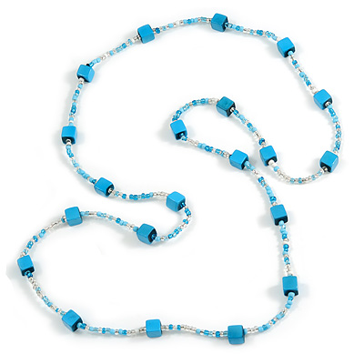 Long Wood Cube and Small Glass Bead Necklace (Light Blue/ Teal/ Transparent/ White) - 124cm Long - main view