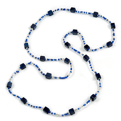 Long Wood Cube and Small Glass Bead Necklace (Dark Blue/ Transparent/ White) - 124cm Long - main view