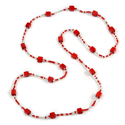 Long Wood Cube and Small Glass Bead Necklace (Red/ Transparent/ White) - 124cm Long - main view