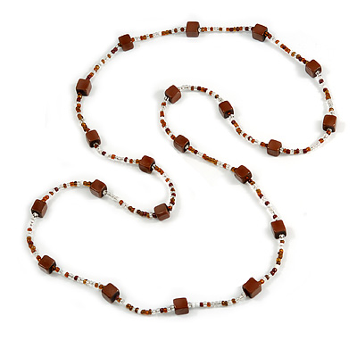 Long Wood Cube and Small Glass Bead Necklace (Brown/ Transparent/ White) - 124cm Long - main view