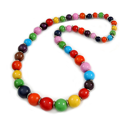 Multicoloured Graduated Wooden Bead Necklace - 70cm Long