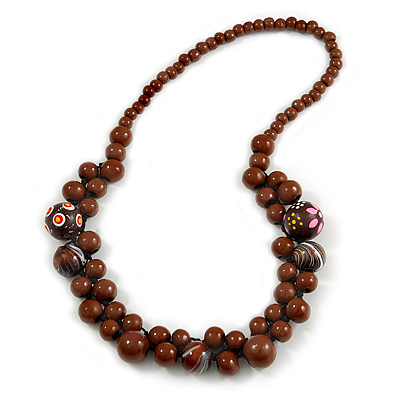 Brown Cluster Wood Bead Necklace - 60cm Long - main view