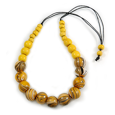 Stylish Graduated Wood Bead Cotton Cord Necklace In Yellow/ Black - 64cm Long - main view