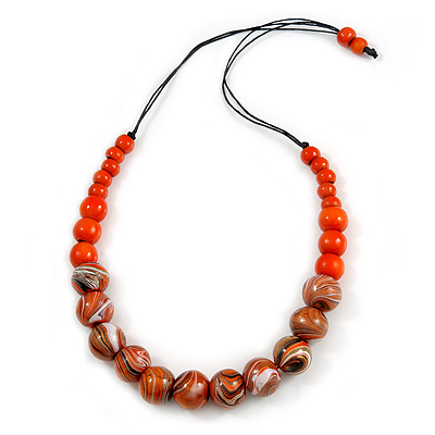 Stylish Graduated Wood Bead Cotton Cord Necklace In Orange/ Black - 64cm Long - main view