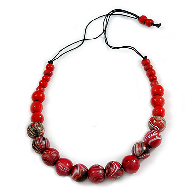 Stylish Graduated Wood Bead Cotton Cord Necklace In Red/ Black - 64cm Long - main view