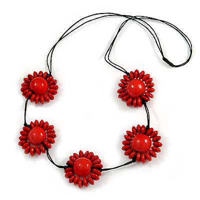 Red Wood Bead Floral Necklace with Black Cotton Cords - 70cm Long - main view