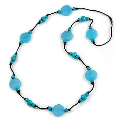 Long Light Blue/ Turquoise Wood and Resin Bead Black Cord Necklace - 100cm Long - main view