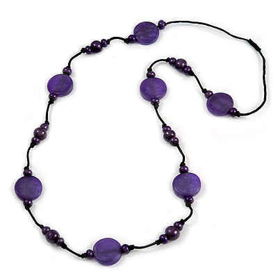 Deep Purple Wood and Resin Bead Black Cord Necklace - 100cm Long - main view