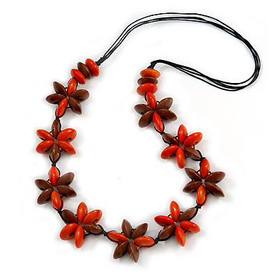 Orange/ Brown Wood Flower Black Cotton Cord Necklace - 68cm Long - main view