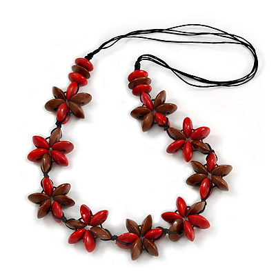 Red/ Brown Wood Flower Black Cotton Cord Necklace - 68cm Long - main view