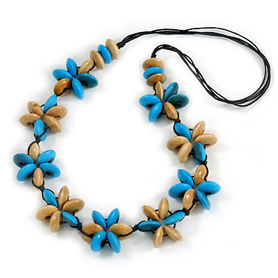 Light Blue/ Teal/ Natural Wood Flower Black Cotton Cord Necklace - 68cm Long - main view