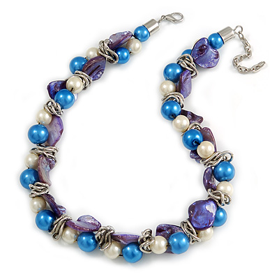 Exquisite Faux Pearl & Shell Composite Silver Tone Link Necklace In White/ Blue - 40cm L/ 5cm Ext - main view