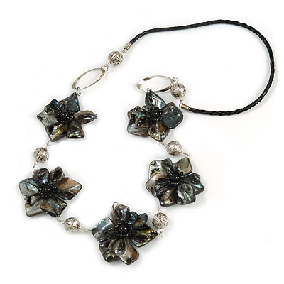 Black Sea Shell Floral Faux Leather Cord Necklace - 74cm Long - main view