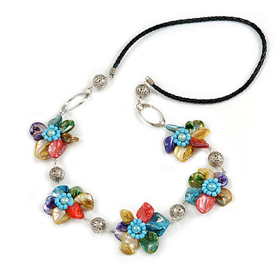 Multicoloured Sea Shell Floral Faux Leather Cord Necklace - 76cm Long - main view