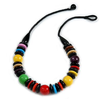 Chunky Multicoloured Round and Button Wood Bead Cotton Cord Necklace - 66cm Long - main view