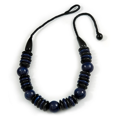 Chunky Dark Blue/ Black Round and Button Wood Bead Cotton Cord Necklace - 66cm Long - main view