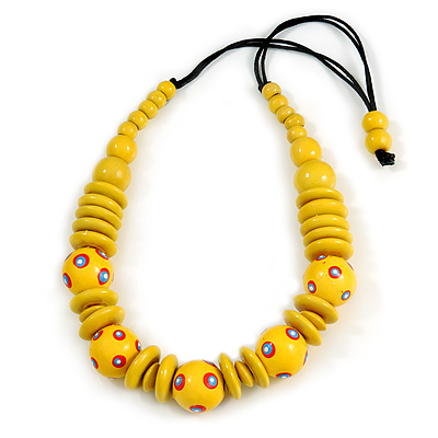 Banana Yellow Ball and Button Wood Bead Black Cotton Cord Necklace - 66cm Long
