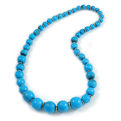Light Blue/ Teal Graduated Wooden Bead Necklace - 70cm Long (UNEVENLY PAINTED IN PLACES) - main view