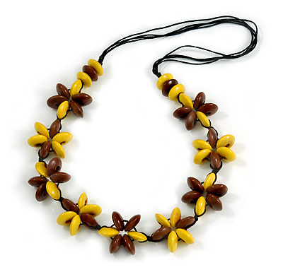 Yellow/ Brown Wood Flower Black Cotton Cord Necklace - 68cm Long - main view