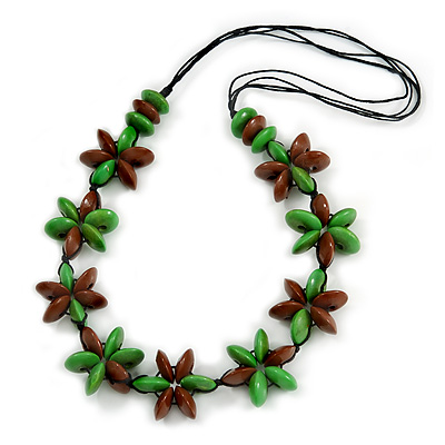 Green/ Brown Wood Flower Black Cotton Cord Necklace - 68cm Long - main view