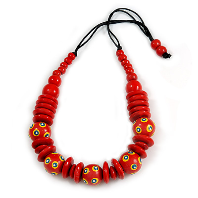 Red Ball and Button Wood Bead Black Cotton Cord Necklace - 66cm Long - main view