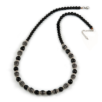 Black Glass Bead with Silver Tone Metal Wire Element Necklace - 70cm L/ 5cm Ext